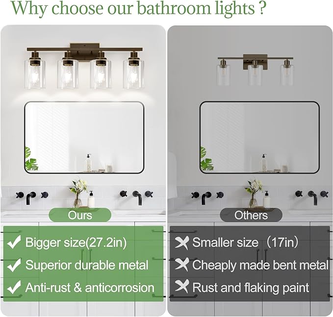 4-Light Bathroom Light Fixtures, Vanity Light with Clear Glass Shades, Oil-Rubbed Bronze Bathroom Light Fixtures Over Mirror, Modern Bathroom Wall Lamp for Mirror Living Room Cabinet Bedroom