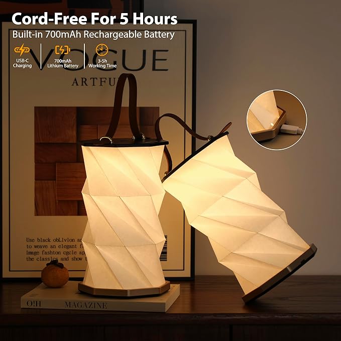 Portable Foldable Table Lamp with USB Rechargeable Battery, 3-Level Dimmable Touch Control Night Light, Folding Paper Lantern Light for Home Office Bedroom Reading (Black)
