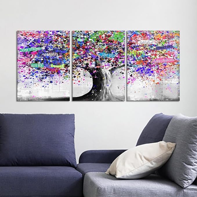 Novatique Graffiti Wall Decor Colorful Tree Wall Art Abstract Pop Graffiti Posters Canvas Print Street Art Tree of Life Wall Art Home Decor for Living Room Bathroom,12" x 16" x 3Pcs