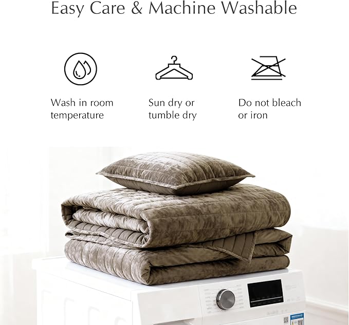 WRENSONGE Velvet Queen Quilt Set-3 Pieces Taupe Oatmeal Luxurious Velvet Striped Channel Comforter with 2 Shams, Soft Bedspread Coverlet Quilted Bedding Set for All Season