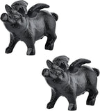 Sungmor Whimsical Cast Iron Flying Pig Statue, 2pcs Rustic Black Cute Little Piggy Paperweight, Garden Collection Figurine Home Office Desk Ornament, Indoor Outdoor Animal Statues