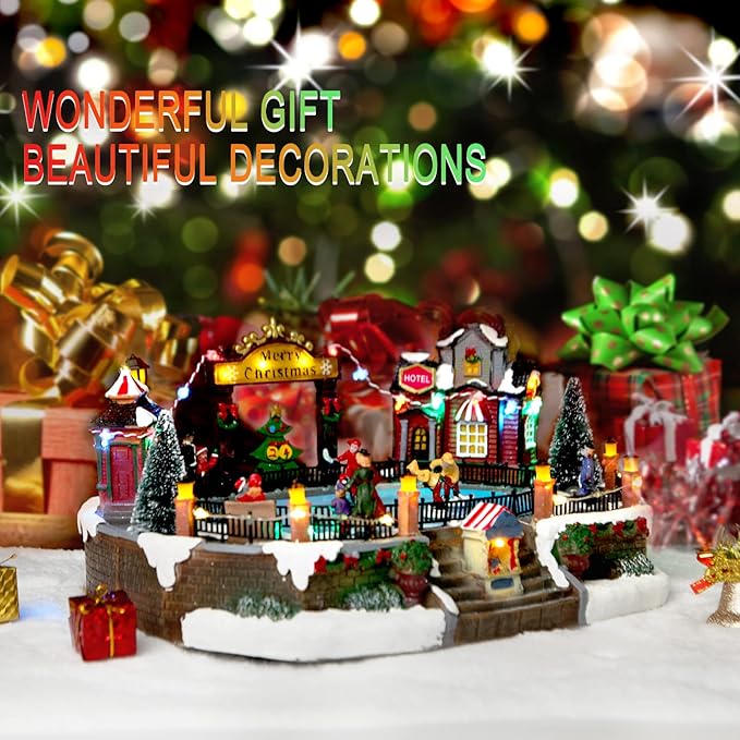 Christmas Village House Christmas Collectible Buildings Decor Estatua de la cabaña del Pueblo navideño Home Decoration Snow Globe Display Skating Pond AnimatedChristmas Theme Park with 8 Music X-Large