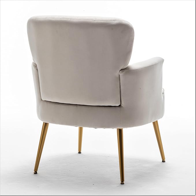 Trendy Velvet Accent Chair with Gold Metal Legs, Upholstered Armchair for Small to Mid-Size Spaces, Modern Living Room, Bedroom, Vanity Desk and Entryway, Ivory