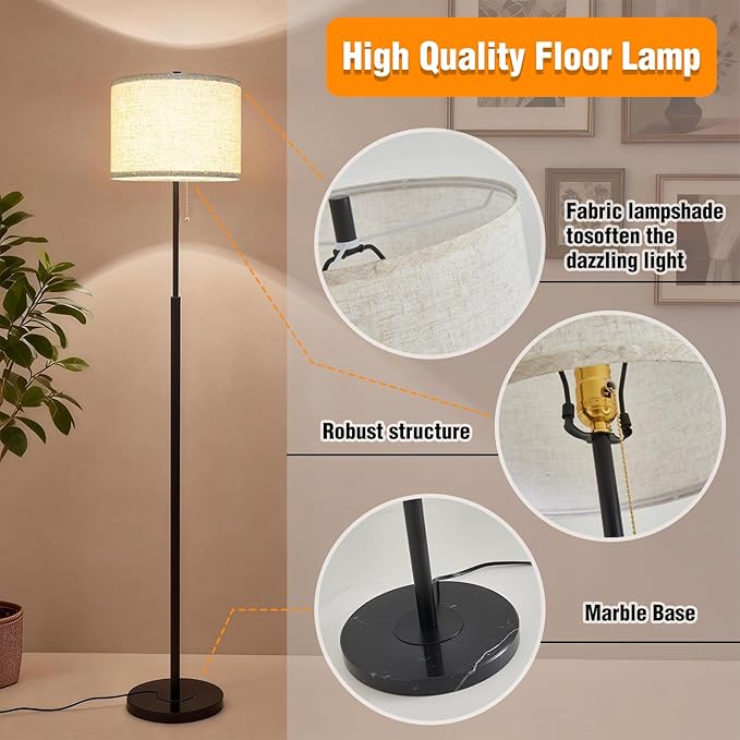 Modern Floor Lamp for Living Room with Beige Shade, Pull Chain Switch, 66" Tall Industrial Floor Lamps Reading with Marble Base for Bedroom Office (9W LED Bulb Included) -Black