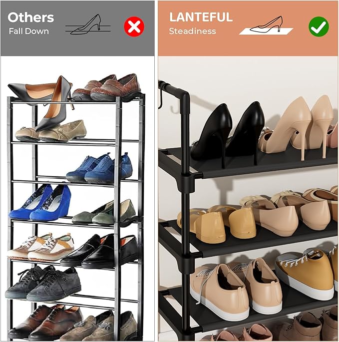 6 Tier Shoe Rack for Closet Shoe Organizer with 5 Hooks, Long Shoe Shelf Storage for Shoe and Boot Stackable Free Standing Shoe Rack for Entryway, Garage, Small Spaces, Dorm, Black