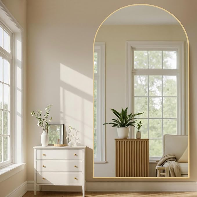 MISSDAY Oversized Arched Full Length Mirror, 83"x44" Gold Full Body Mirror with Stand, Floor Mirror Large Free Standing, Leaning or Hanging, Aluminum Frame Mounted Mirrors Wall Mirrors for Bedroom