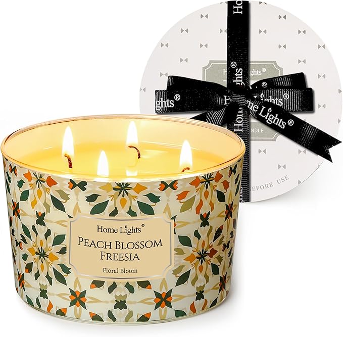 HomeLights Soy Wax Candles for Home Scented, 4-Wick Candles in Peach Blossom Freesia Scented, Aromatherapy Candles Gift for Parties, Relaxing, Bohemian Natural Textures, 18oz