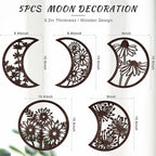Jetec 5 Pcs Moon Phase Wall Art Decor Wall Pediments Hanging Wooden Phase Spiritual Bedroom Nordic Boho Lunar Aesthetic Art for Living Room Dorm Apartment Ornament(Brown,10.6 Inch,Flower)