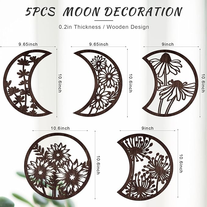 Jetec 5 Pcs Moon Phase Wall Art Decor Wall Pediments Hanging Wooden Phase Spiritual Bedroom Nordic Boho Lunar Aesthetic Art for Living Room Dorm Apartment Ornament(Brown,10.6 Inch,Flower)