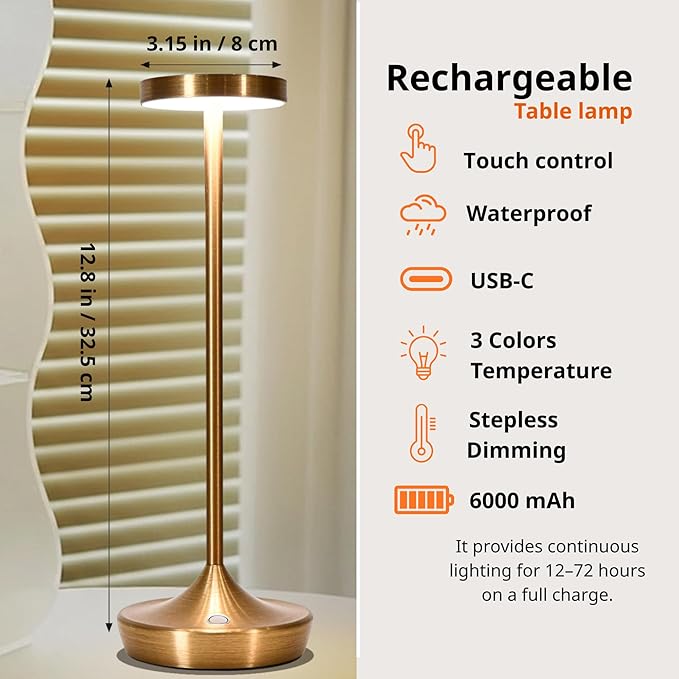 Cordless Table Lamp Rechargeable - 6000mAh LED Battery Operated Table Light - Portable Touch Dimmable Outdoor Waterproof Table Lamps for Patio Restaurant Dining (2 Bronze)