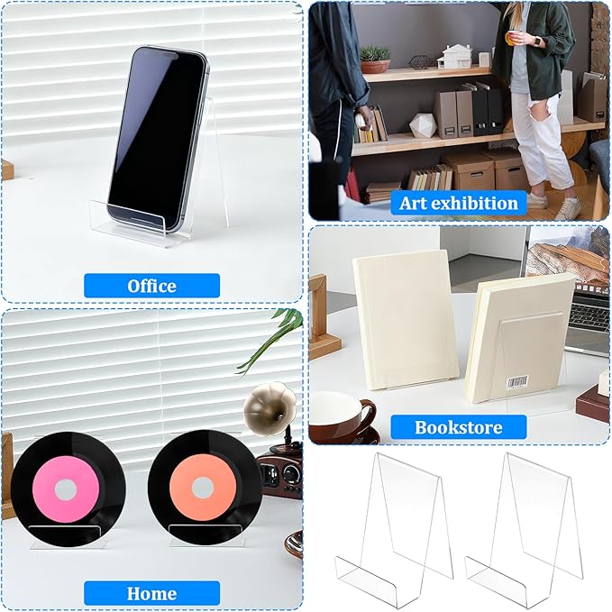 SHENLIU 12 Pack Clear Book Stand, 6x4 Inch Acrylic Easel Stand Book Display Holder, Display Stands for Album, CD, Music Sheets, Plate, Artworks, Phone, Tablet, Magazine, Postcard