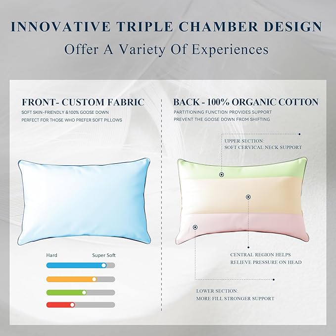 Goose Down Feather Pillows Queen Size Set of 2 with Soft Cotton Cover for Side Back Stomach Sleepers 3-Zone Cervical Neck Support Hotel Collection Bed Pillow (2, Queen)