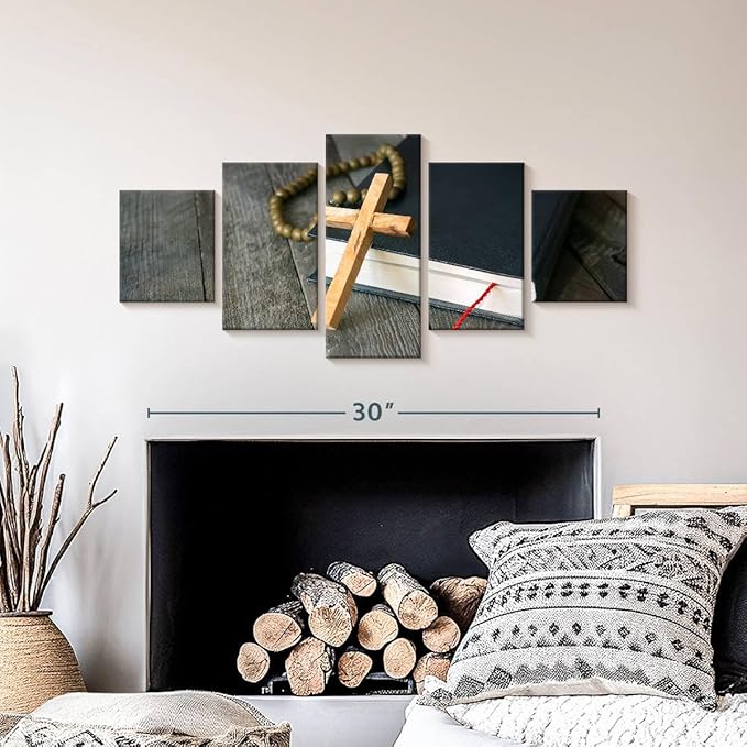 Elephant Stock Cross Canvas - 5 Panel Christian Pictures Decor - Canvas Print Wall Decor - Christian Cross Wall Art - 36" X 15"
