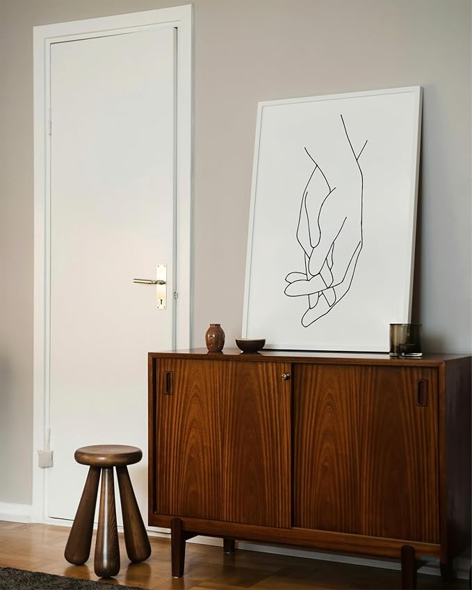 Holding Hands Wall Art Interlocking Fingers Connection Continuous Line Drawing 24x36 Inch Oak Wood White Framed Modern Minimalist Unity Print for Bedroom