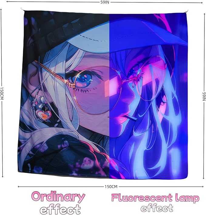 HOUHUANG Anime Fluorescent Tapestry - 59x59 Inches Large Wall Hanging for Room Decoration, Glow-in-the-Dark Trippy Boho Style with Blacklight Effects, Perfect for Bedroom and Custom Tapestry Lovers (fashion girl)