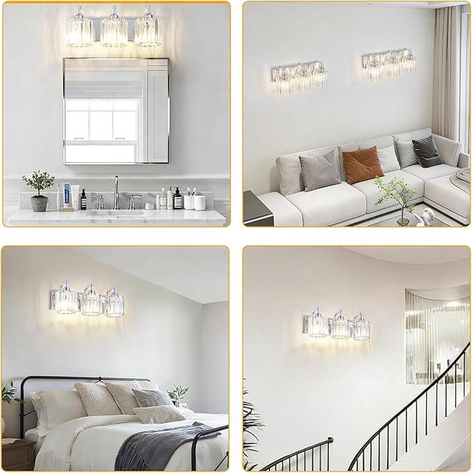 3-Light Modern Bathroom Light Fixture Chrome Bathroom Vanity Lights Over Mirror Wall Sconce Lighting with K9 Crystal Shades E26 Base for Bedroom, Living Room, Hallway, Cabinet Wall Lamp