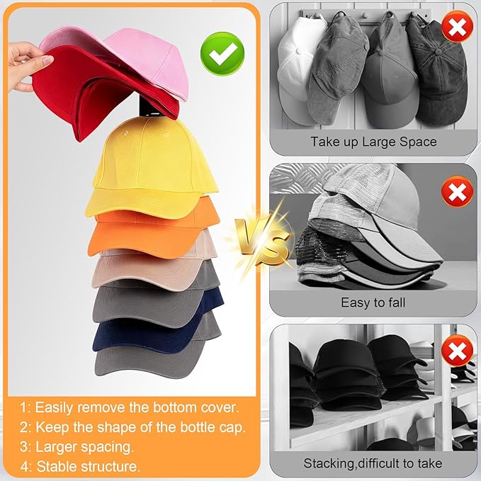 1 Pack Hat Organizer for Baseball Caps, Hat Rack for Wall Hold Up 8 Hats, Strong Adhesive & Screw-in Cap Holder hat hangers for Closet Door & Bedroom (Black-1Pack)
