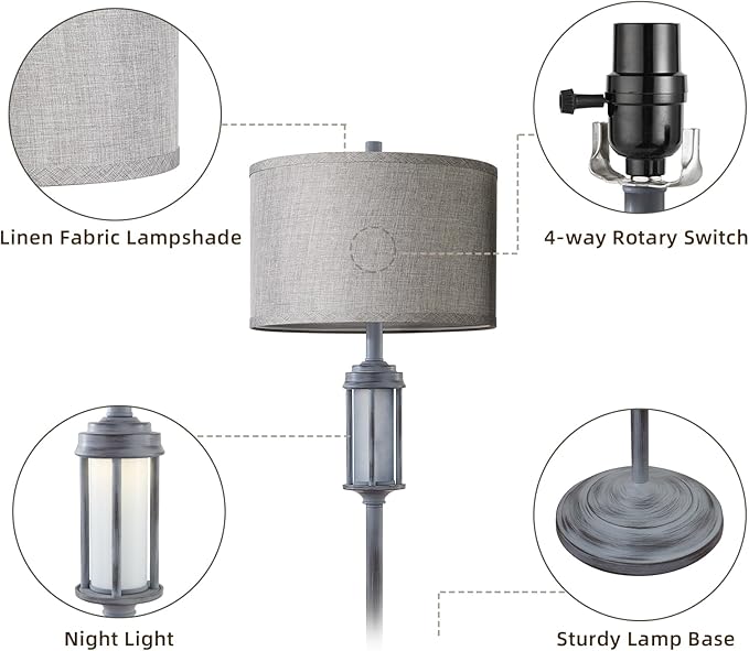65'' Rustic Floor Lamp for Living Room with 2 Light Sources, Frosted Nightlight Vintage Farmhouse Tall Standing Lamp for Bedroom Reading Room Office Corner, Bulb Included