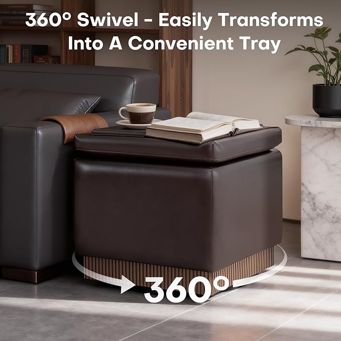 Swivel Storage Ottoman with Hidden Compartment, Square Faux Leather Footstool, Solid Acacia Wood Frame, 500 lbs Capacity, No Assembly Required, for Living Room & Bedroom