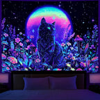 Dermijer Blacklight Black Cat Tapestry UV Reactive Moon Stars Floral Wall Hanging Tapestry Moonlit Garden Home Decor for Bedroom Living Room Dorm 59.1L x 51.2W