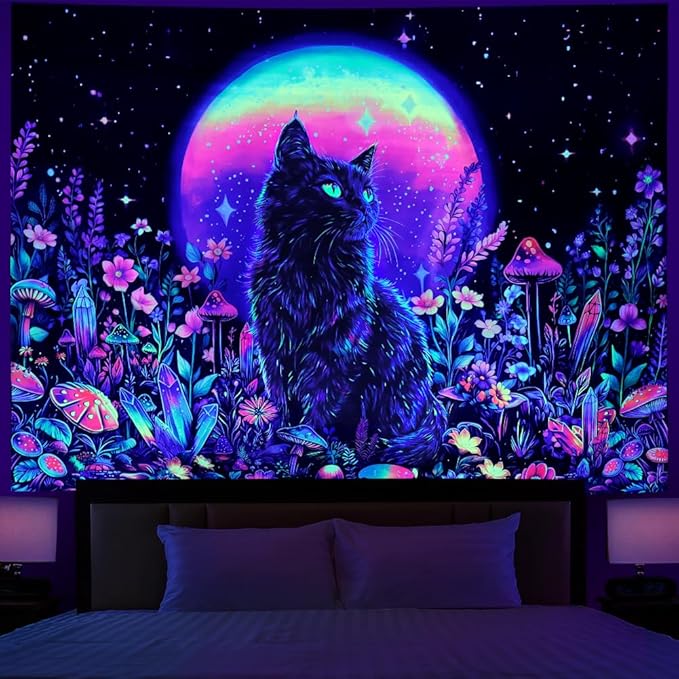 Dermijer Blacklight Black Cat Tapestry UV Reactive Moon Stars Floral Wall Hanging Tapestry Moonlit Garden Home Decor for Bedroom Living Room Dorm 59.1L x 51.2W