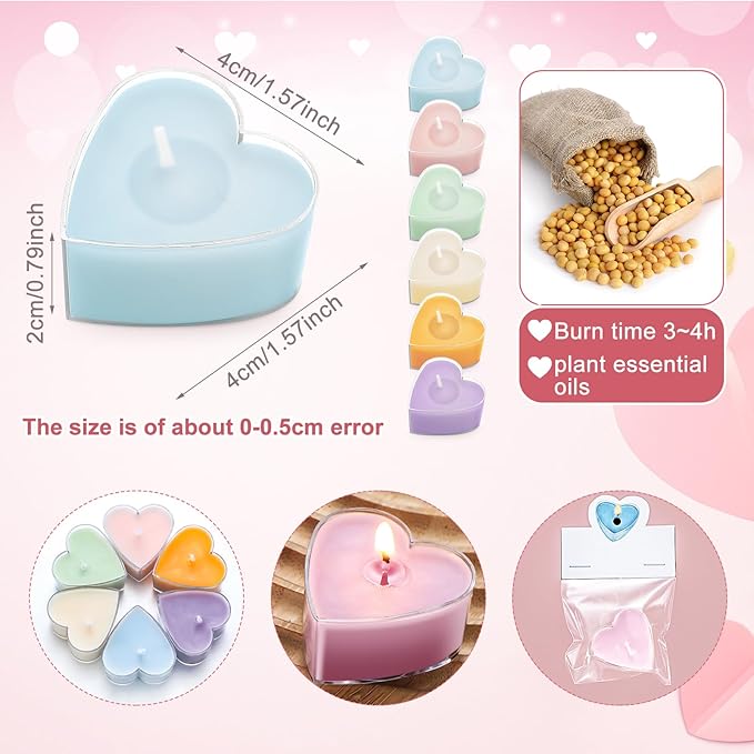 Honoson 12 Pack Multicolor Tea Lights Candles Heart Tea Light Natural Wax Scented 6 Scents Conversation Candle for Spring Easter Wedding Engagement Gifting Aromatherapy Anniversary Summer Home Decor