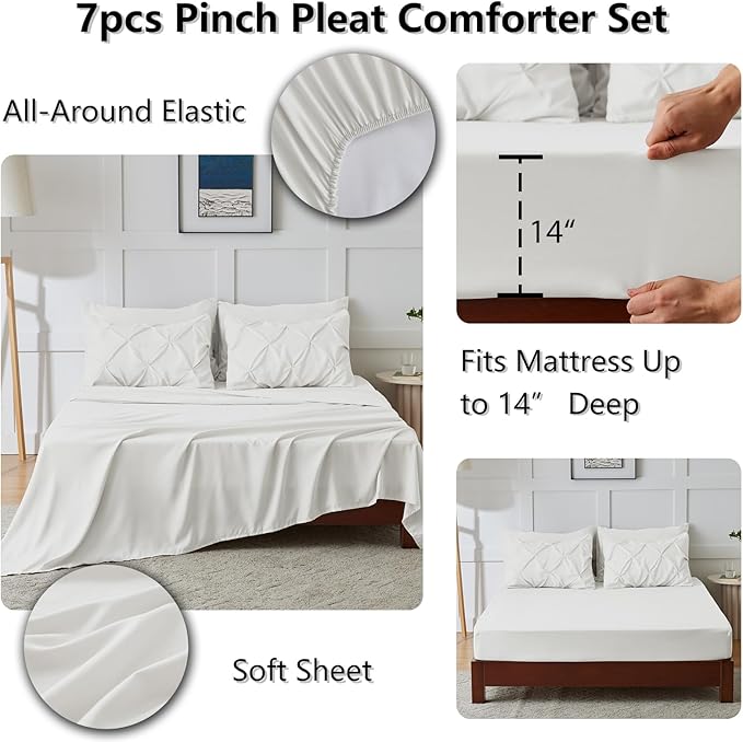 CozyLux Queen Comforter Set Ivory, 7 Pieces Pintuck Bed in A Bag, Premium Ivory Comforter Queen Size, Pinch Pleat Bedding Sets with Comforter, Sheets, Pillowcases & Shams
