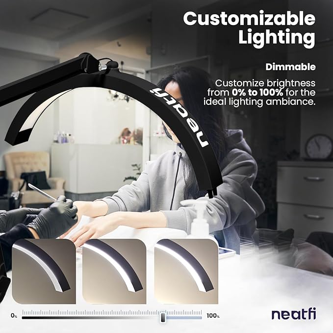 Neatfi Half Moon LED Table Lamp for Estheticians, Nail Tech, and Cosmetician for Manicure Art, Facial, Waxing, Threading and Tattoo, 2500 Lumens, 5 Light Modes (with Clamp, Black)