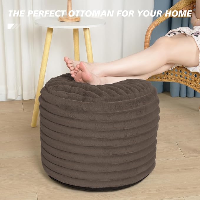 Pouf Ottoman Stuffed Round for Foot Rest, Faux Fur Poufs with Foam Chunk Filling, Storage Ottoman Pouf Foot Stool Cushion, 26 X 18 Inch Floor Chair for Living Room Bedroom Home Decor, Brown