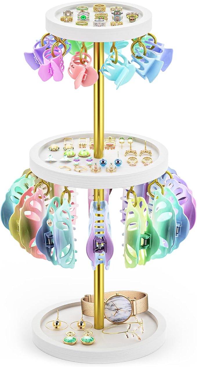 2 Tier Metal Claw Clip Organizer Holder for Women, Table Hair Clip Storage Holder with 22 Hooks and 3 Trays, Hair Accessories Organizer Display Stand for Dressing Table (White)
