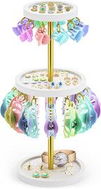 2 Tier Metal Claw Clip Organizer Holder for Women, Table Hair Clip Storage Holder with 22 Hooks and 3 Trays, Hair Accessories Organizer Display Stand for Dressing Table (White)