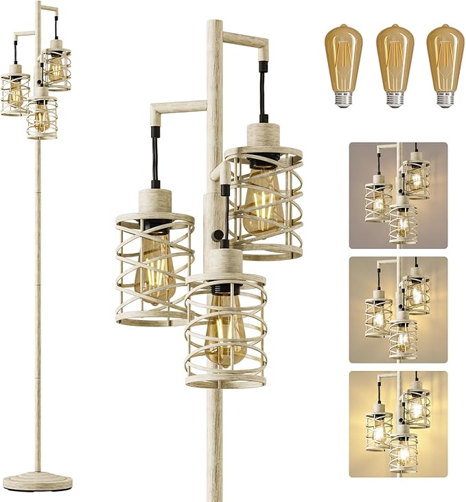 Oneach 70" Industrial Floor Lamp, Stepless Dimmable Standing Lamp with 3 Bulbs, Farmhouse Corner Standing Tree Lamp for Living Room, Tall Lamps for Bedroom, Office, Dining Room, Antique Beige White