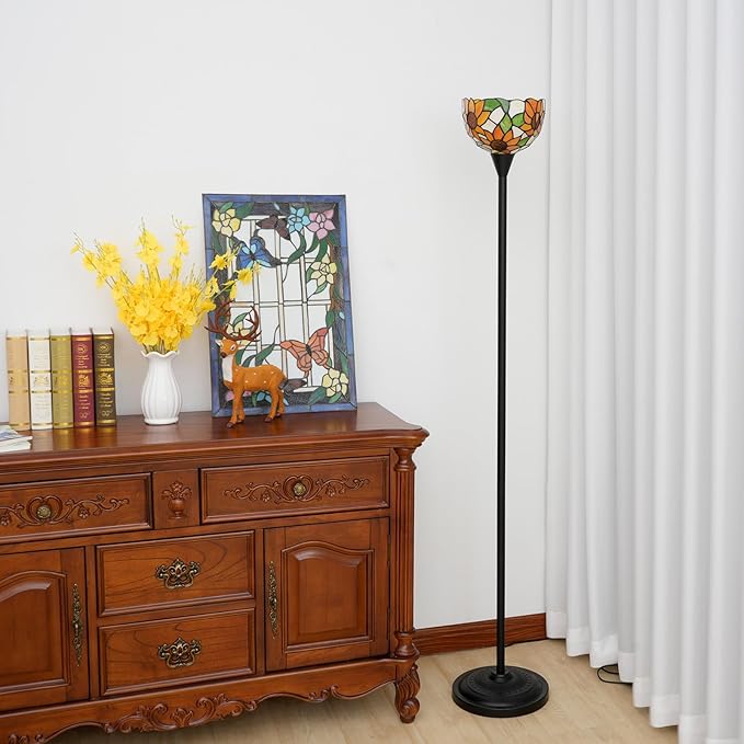 Tiffany Floor Lamp Tochiere Standing Lamp Yellow Sunflower Style Stained Glass Floor Light Vintage Tall Pole Uplight Corner Lamp with Foot Switch for Home Decor Living Room Bedroom