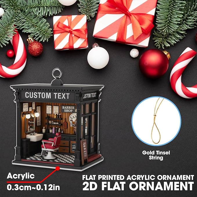 Personalized Barber Shop Christmas Ornament 2025, Custom Name Hair Salon Decor, 2D Flat Acrylic Xmas Tree Decoration, for Barber & Stylist