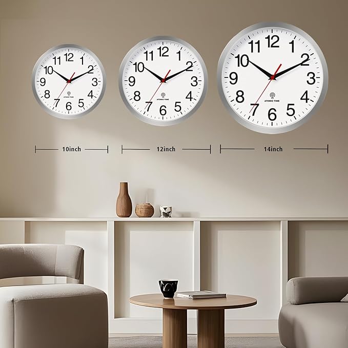 Atomic Wall Clock Modern 14 Inch Battery Operated Analog Clock Decorative for Bedroom Kitchen Bathroom Office Home Living Room (Silver)