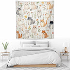 VUMIVI Cute Cat Tapestry Cartoon Pets Flowers Mushrooms Butterflies Watercolor Illustrations Tapestry Wall Hanging for Living Room Bedroom Dorm Classroom Aesthetic Decor W60xL60in