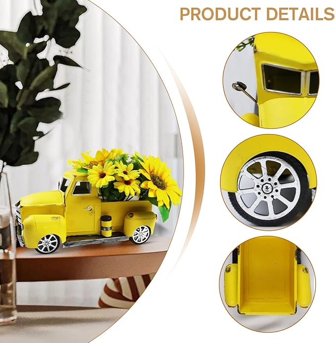Sunflower Metal Truck with Artificial Flower Vintage Farm Pickup Farmhouse Tabletop Tiered Tray Decor, Rustic Farmhouse Decor for Table Top Decor Home Kitchen(Yellow)