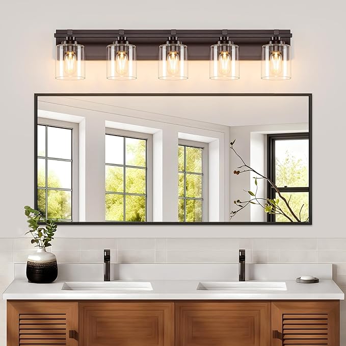5 Light Modern Bathroom Light Fixtures Over Mirror, Bronze Finish Vanity Lights for Bathroom Wall Sconces with Clear Glass Shades, E26 Socket (Bulbs Not Included)