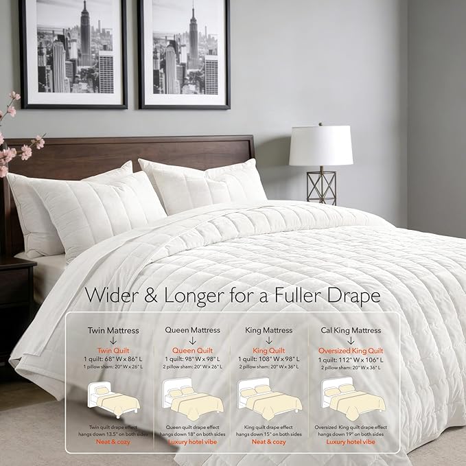 Greek Velvet King Quilt Set, Ultra-Soft Luxe Sheen, 100% Cotton Backing, 150GSM Down-Alternative Fill, Expanded 108×98" Coverage for Fuller Side Drape (1 Quilt + 2 Pillow Shams), Brilliant White