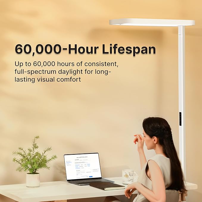 Pure Light Floor Lamp 9500LM Full Spectrum, 4000K Natural Daylight Eye-Care Reading Light, Dimmable 100W Standing Lamp with Motion Sensor for Home Office, 60000+ Hours