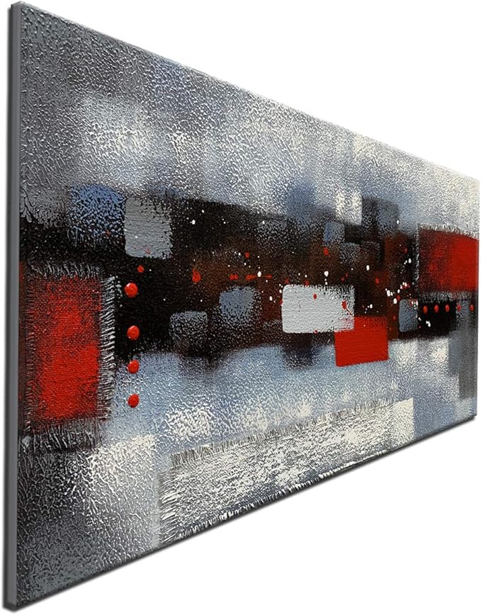 MyArton Textured 3D Oil Painting on Canvas Thick Linen Artwork Modern Abstract Art for Wall Decor Red Gray Painting Picture for Home Decoration