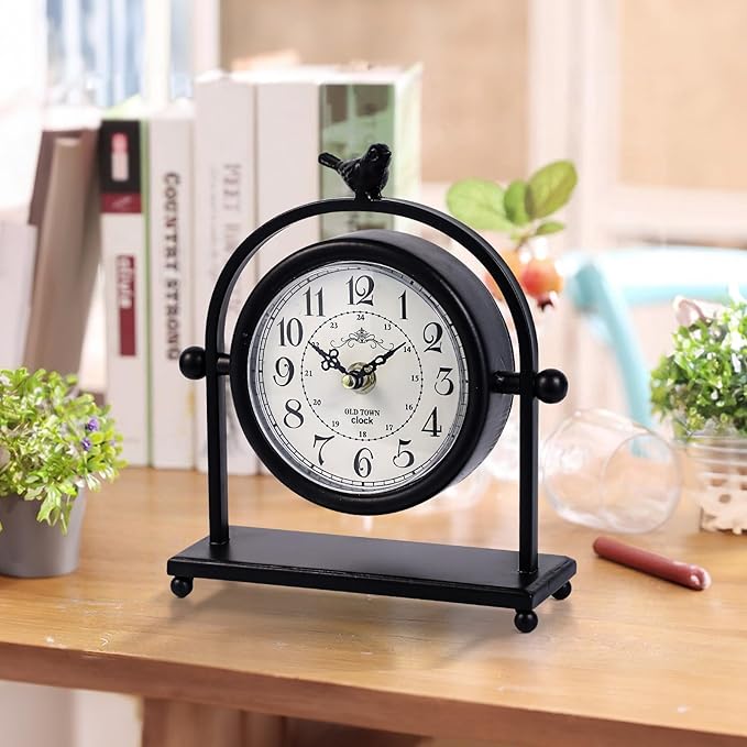 MODE HOME Vintage Farmhouse Table Clock with Bird Topper, Silent Non-Ticking Mantel Clock with Closable Back Cover, Black Iron Decorative Desk Clock for Living Room, Fireplace Mantel & Bedroom, 8 Inch