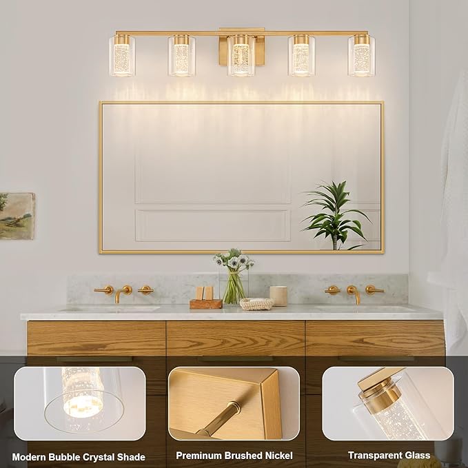 SineRise 5-Light Gold Vanity Light with 3 Color Modes (3000K/4000K/6000K), Eye Protection LED Bathroom Light Fixture, Dimmable Modern Wall Light Over Mirror with Clear Glass Shade