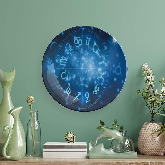 Ceramic Plates, Astrology Decorative Ceramic Plates, Abstract Horoscope Wheel Signs Aquarius Lion, 7 Inch, Household Plates Decorative, Navy Blue White and Bl