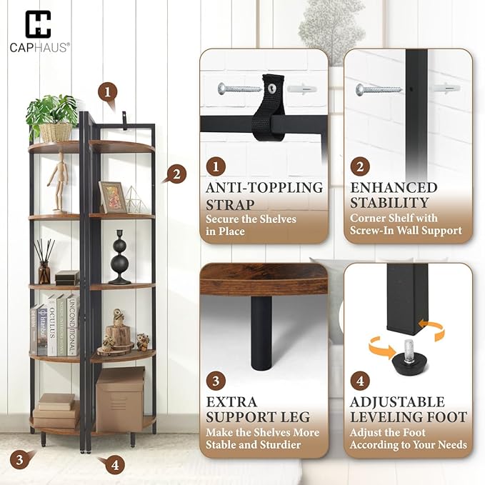 CAPHAUS 5 Tier Corner Shelf, 59.1-Inch Tall Corner Bookshelf, Corner Display Rack with Metal Frame, Round Corner Shelf Unit Rack, Tall Corner Stand for Bathroom, Living Room, Home, Office, Dark Grey