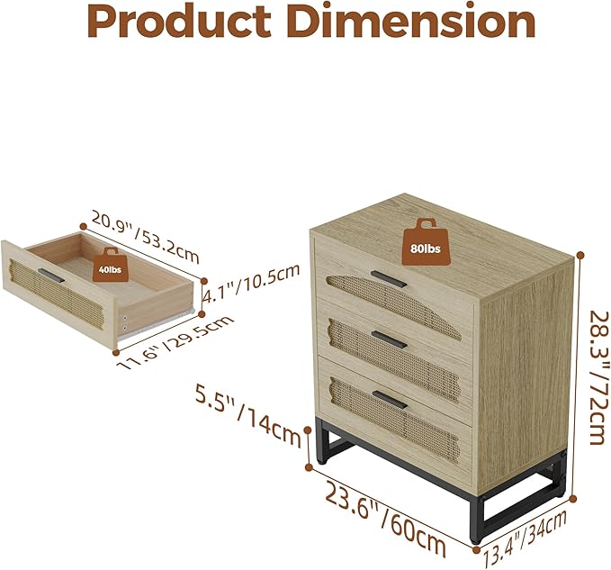 Mericonia 3 Drawer Rattan Dresser for Bedroom, Wood Dresser for Closet with Metal Handles, Small Boho Nightstand Sets, Dressers & Chests of Drawers for Bedroom, Hallway and Entryway, Oak