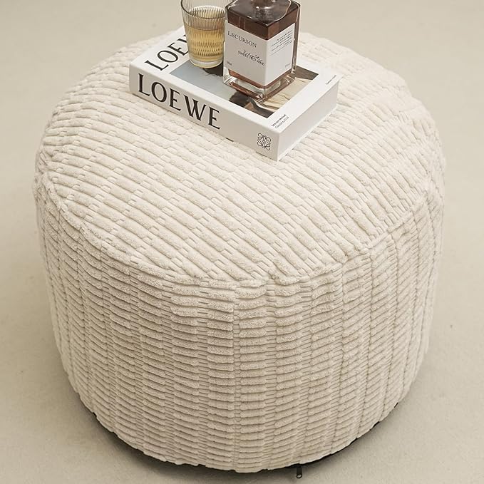 Round Stuffed Pouf Ottoman for Foot Rest, Storage Ottoman Pouf Foot Stool Cushion, Faux Fur Poufs with Foam Chunk Filling, 20 X 15 Inch Floor Chair for Living Room Bedroom Home Decor, Beige