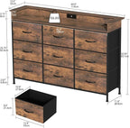 EXOTICA Industrial Dresser for Bedroom with Charging Station and LED Light Fabric Storage Dresser with 9 Fabric Drawers Chest of Drawers for Closet Hallway Sturdy Steel Frame Wooden Top