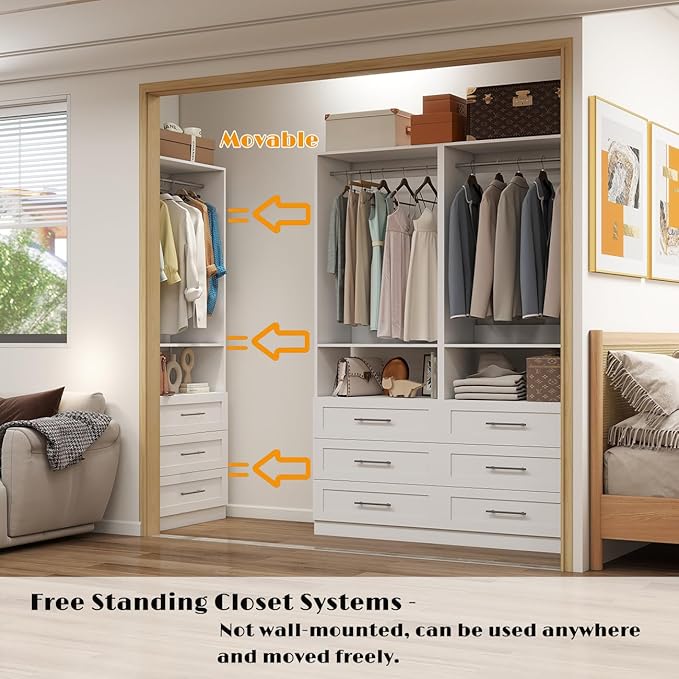 Dilando Closet System with Drawers 4FT Wood Closet Organizer System Walk-in Closet Standalone Corner Closets Storage with Hanging Rods White (4FT)
