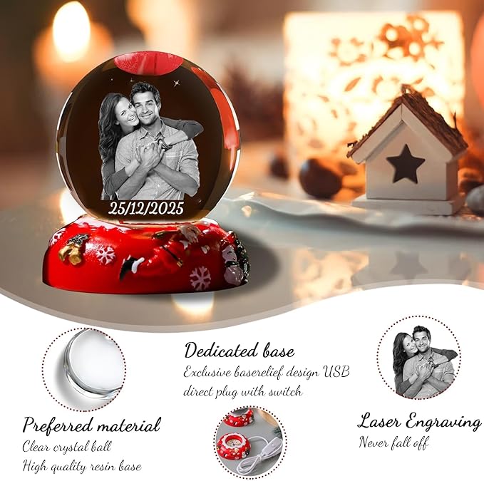 Personalized Christmas Crystal Ball with Light Customized Photo Snow Globe with Engraving Text Custom Ornaments Gifts for Family Couples Friends (Christmas Base)